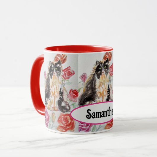 Tuxedo Kat Leuke Rozen Bloemen Katten Waterverf Ro Mok (Voorkant links)