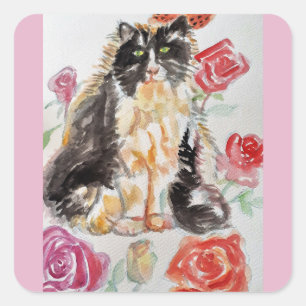 Tuxedo Kat Leuke Rozen Bloemen Katten Waterverf Ro Vierkante Sticker