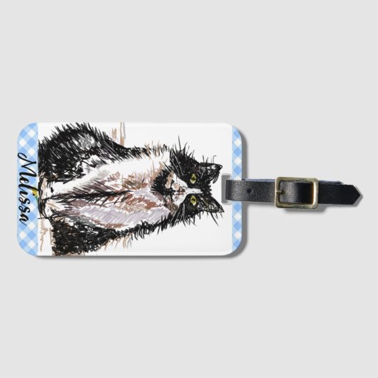 Tuxedo Kat Leuke Tekening Zwart en Wit Katten Meis Bagagelabel (Voorkant (horizontaal))