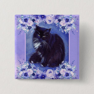 Tuxedo kat met bloemen kunst van Renee Vierkante Button 5,1 Cm