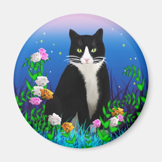 Tuxedo Kat met Bloemen Magnet Magneet (Voorkant)