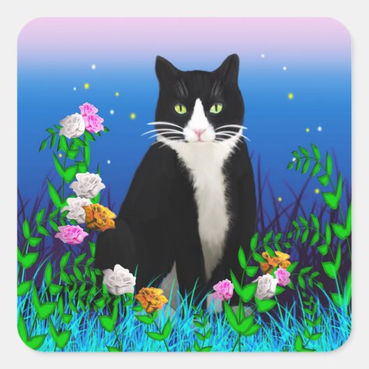 Tuxedo Kat met Bloemen Stickers (Voorkant)