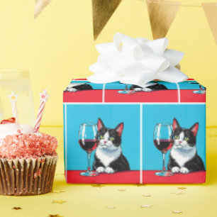 Tuxedo Kat Met Glas Rode Wijn Cadeaupapier