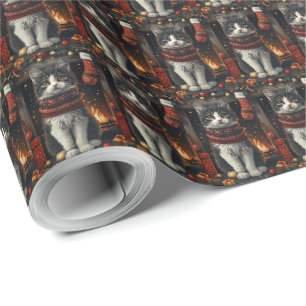Tuxedo Kat Met Kerstcadeaus Open Haard Cadeaupapier