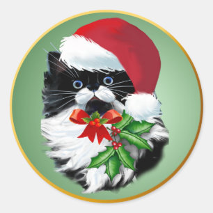 Tuxedo-Kat met kerstmis Ronde Sticker