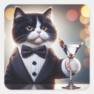 Tuxedo kat met Martini cocktail Vierkante Sticker