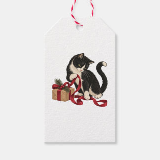 Tuxedo kat met rode cadeau lint cadeaulabel