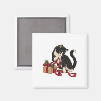 Tuxedo kat met rode cadeau lint magneet