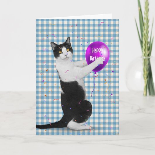 Tuxedo Kat met Verjaardagsballon Kaart (Voorkant)
