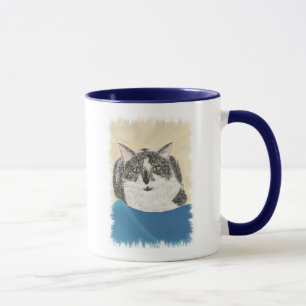 Tuxedo kat op blauwe deken schilderij, mokken