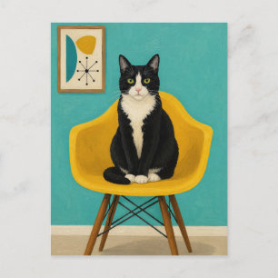 Tuxedo Kat Op Gele Mid Century Stoel Briefkaart