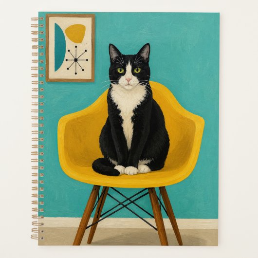 Tuxedo Kat Op Gele Mid Century Stoel Planner (Voorkant)