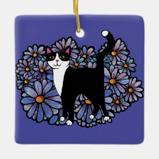 Tuxedo Kat Paarse Daisies Kunst Keramisch Ornament