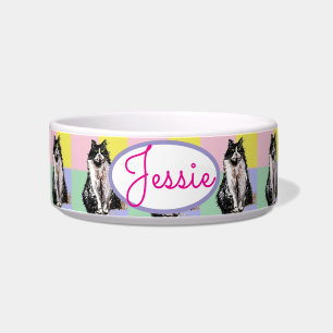 Tuxedo Kat Pastel Kleuren Roze Huisdier Naam Kom