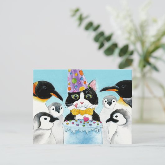 Tuxedo kat pinguïn verjaardagstaart ansichtkaart briefkaart (Staand voorkant)