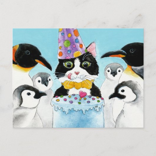 Tuxedo kat pinguïn verjaardagstaart ansichtkaart briefkaart (Voorkant)