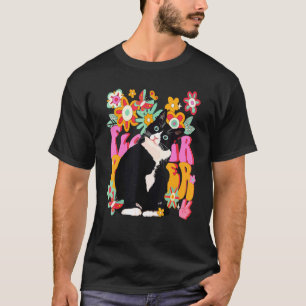 Tuxedo Kat Retro 60s 70s Sfeer Bloemen Vredesteken T-shirt