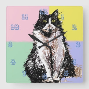 Tuxedo Kat Schattige Katten Kinder Meisjes Pastel  Vierkante Klok