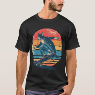 Tuxedo Kat Skateboarder Retro 70s 80s Zonsondergan T-shirt