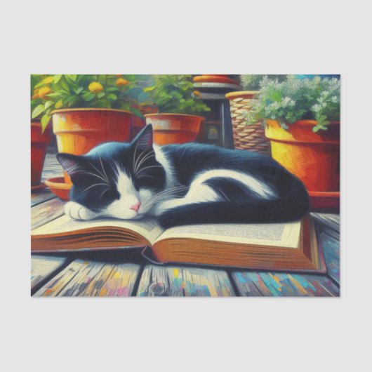 Tuxedo Kat Slapen op een Boek Tuin Decoupage Tissuepapier (Voorkant)