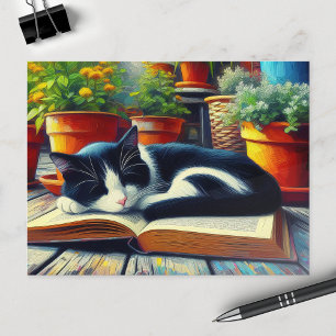 Tuxedo Kat Slapen op een Boek Tuin Schilderij Briefkaart