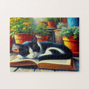 Tuxedo Kat Slapen op een Boek Tuin Schilderij Legpuzzel