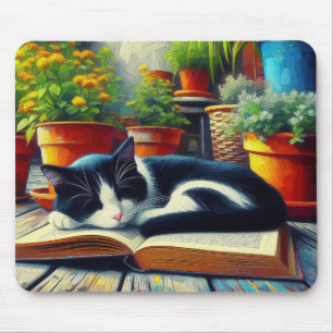 Tuxedo Kat Slapen op een Boek Tuin Schilderij Muismat