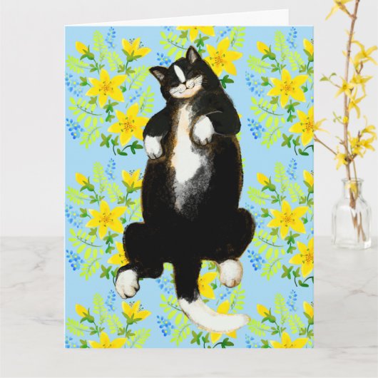 Tuxedo kat Slapend op bloemenbed Kaart (Gele Bloem)