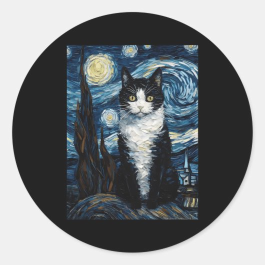 Tuxedo kat Sterrennacht en sterren Ronde Sticker (Voorkant)