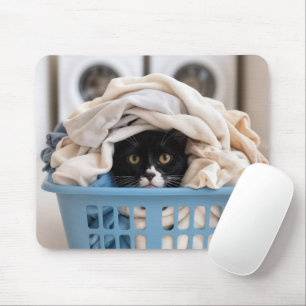 Tuxedo Kat Verbergt Zich in Wasmand Muismat