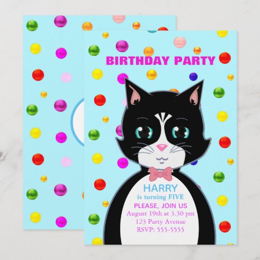 Tuxedo Kat Verjaardagsfeest Uitnodiging (Voorkant / Achterkant)