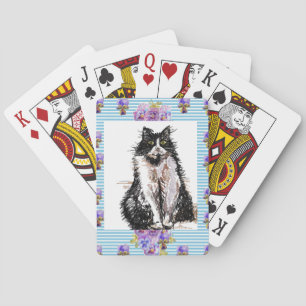Tuxedo Kat Zwarte en Witte Katten Meisjes Blauwe B Pokerkaarten