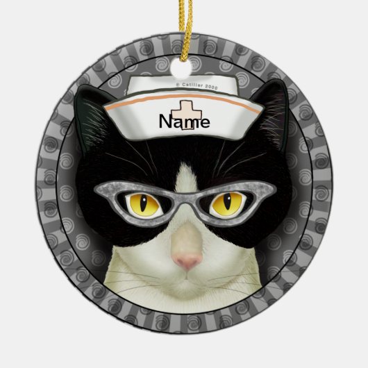 Tuxedo kattenverpleegkundige keramisch ornament (Voorkant)