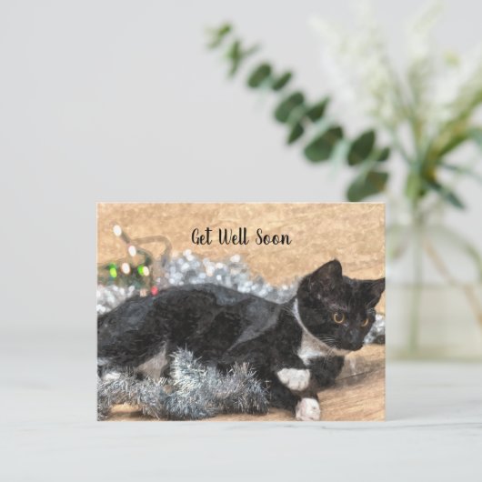 Tuxedo Kitten Tinsel en Lichten krijgen goed Briefkaart (Staand voorkant)