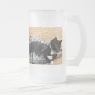 Tuxedo Kitten Tinsel en Lichten Painterly, bevrore Matglas Bierpul