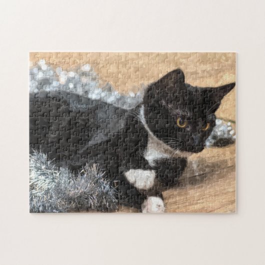 Tuxedo Kitten Tinsel en Lichten Puzzle Legpuzzel (Horizontaal)