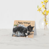Tuxedo Kitten Tinsel en Lights Holiday Kaart (Gele Bloem)