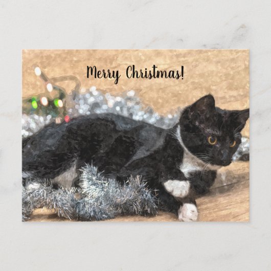 Tuxedo Kitten Tinsel en Lights kerstpostard Briefkaart (Voorkant)