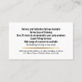 Tuxedo man modern zwart goudpak huren blauw visitekaartje (Achterkant)