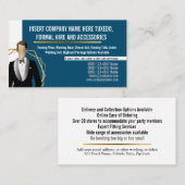 Tuxedo man modern zwart goudpak huren blauw visitekaartje (Voorkant / Achterkant)