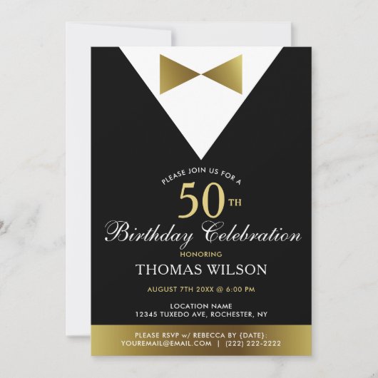 Tuxedo noir et or | 50e anniversaire Invitations (Devant)