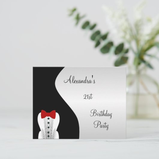 Tuxedo Rood Stropdas 21e Verjaardagsfeest Zwart &  Kaart (Staand voorkant)