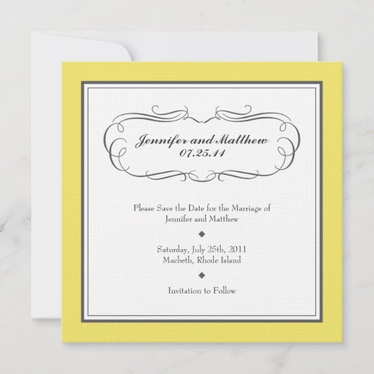 Tuxedo Save the Date - Yellow and Grey on Linen (Voorkant)
