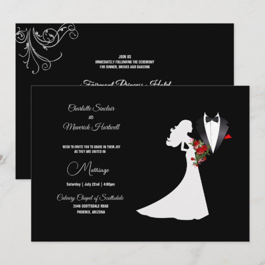 Tuxedo Suit & Bride Silhouette B&W Wedding Kaart (Voorkant / Achterkant)