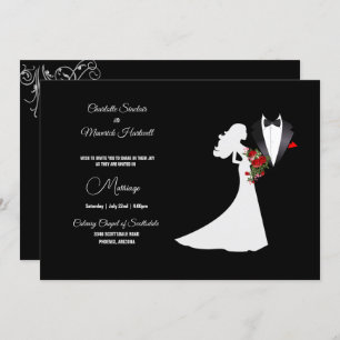 Tuxedo Suit & Bride Silhouette B&W Wedding Kaart