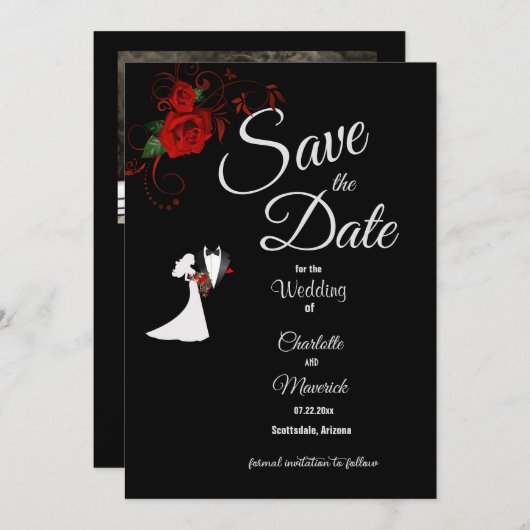 Tuxedo Suit & Bride Silhouette Red Roses Wedding Save The Date (Voorkant / Achterkant)