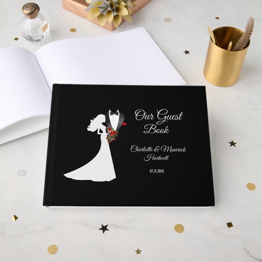 Tuxedo Suit & Bride Silhouette Wedding Gastenboek (Voorkant open)