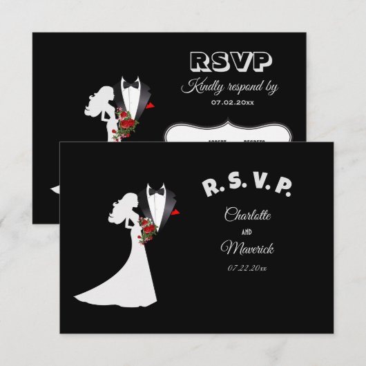 Tuxedo Suit & Bride Silhouette Wedding RSVP Kaartje (Voorkant / Achterkant)