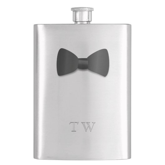 Tuxedo Wedding Bow Stropdas Monogrammed Silver Fla Heupfles (Voorkant)