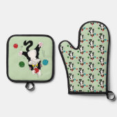 Tuxedo Zwart Wit Kerstmis Kat Ovenwant & Pannenlap Set (Voorkant)